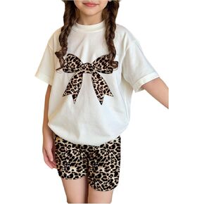 الفتاة المكونة من 2 قطعة من ملابس القوس مجموعات Crewneck Graphic Tee Top و Skinny Shorts