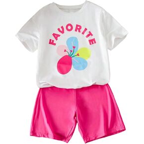 OYOANGLE Girl's 2 Piece Summer Outfits Floral Graphic Crew Neck Short Sleeve Tee and Track Shorts Set