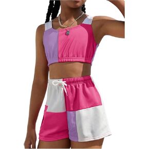 Floerns Girl's 2 Piece Colorblock Crop Tank Top Drawstring Waist Track Shorts Set