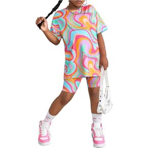 Girl's Two Piece Outfits Marble Print Crew Neck Short Sleeve T Shirt and Active Running Biker Shorts Set
