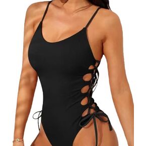 Women's One Piece Side Tie Swimsuit Adjustable Straps Swimwear Sexy Mesh Hollow Out V Neck Bathing Suit Tummy Control Bikini Swimming Costume Black