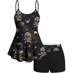 Rosegal Women Plus Size Gothic Tummy Control Modest Tankini Swimsuit Two Piece Bathing Suits Glitter Skulls Sun Moon Star Galaxy Print Swim Tops with Boy Shorts(Black/1X)