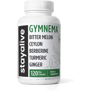 ابق على قيد الحياة Gymnema Sylvestre 25: 1 مستخلص ، 120 كبسولة مع البطيخ المرير ، القرفة Ceylon ، البربريرين ، الكركم ، الزنجبيل ، مسحوق Amla و Fenugreek ، غير المعدلة وراثيا ومكملات الصالة الرياضية الخالية من الغلوتين