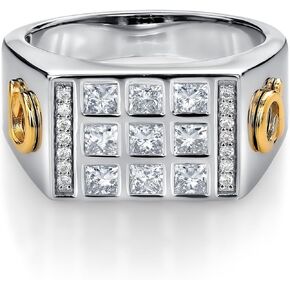 GEM Stone King 1.27 CTTW Men's 10K أصفر الذهب و 925 Sterling Silver 3mm Princess Cut White Moissanite و White Lab Miamonds Ring for Men | متوفر بأحجام من 7 إلى 13