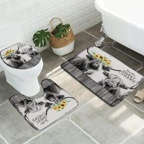 3pcs Farmhouse Highland Cow Bathroom Sets with Non-Slip Rug,Toilet Lid Cover and Bath Mat,Western Rustic Animal Grey Bull Cattle Sunflower Country Wooden Fence Bathroom Carpet Bath Mat Toilet Rugs…