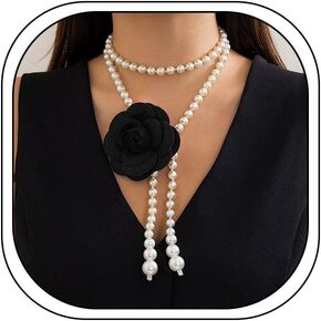 Vintage Camellia Flower Necklace Long Faux Pearl Beaded Chain Flower Pendant Layered Chain Camellia Flower Sweater Chain Party Prom Jewelry