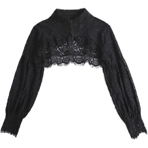 Mrotrida Women's Puff Long Sleeve Fake Collar Tops Lapel Half Top Blouse Hollow Out Eyelash Floral Lace Detachable Collar