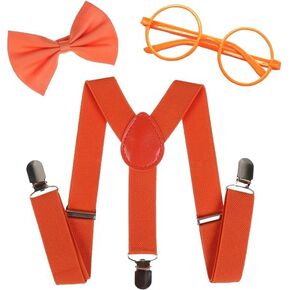 Child Kids Suspenders Bowtie Set with Orange Glasses - Adjustable Suspender Set for Boys and Girls