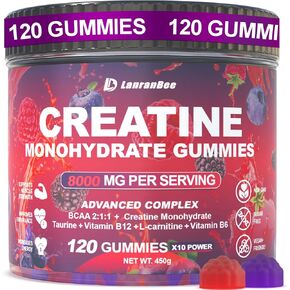 Creatine Monohydrate Gummies 8000mg with L-Carnitine & Taurine, Raspberry BlackBerry Blueberry Flavor – Pre-Workout Supplement for Muscle Strength, Energy Boost – Sugar Free, Vegan, 120 Count
