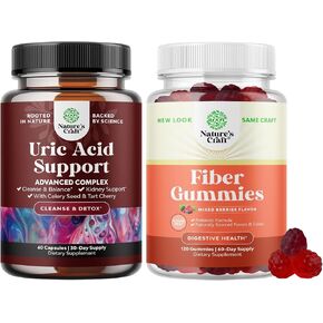 Bundle of Uric Acid Cleanse and Detox Capsules - Turmeric, Tart Cherry & Celery Seed Supplement for Men and Women and Fiber Gummies for Adults - Chicory Root Supplement with Prebiotic Support for Gut