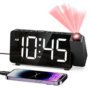Projection Alarm Clock, Digital Clock with 180° Rotatable Projector, 5-Level Brightness, Manual DST, Plug in Bedside Clock for Heavy Sleeper with 3-Level Volume, 9mins Snooze, USB Charger