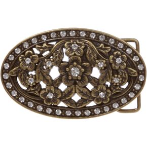 1 1/2" Antique Silver Brass Oval Perforated Engraved Crystal Rhinestone Western Floral Belt Buckle, Antique Brass