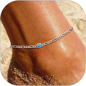 SILVERCUTE Figaro Anklets for Women, Sterling Silver Chain Ankle Bracelet with Heart/Round Birthstones, Length 8.5"-10.5"