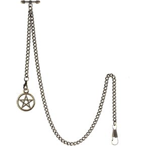 Men's Double Albert Chain Pocket Watch Curb Link Key Chain 2 Hooks with Antique Five-Pointed Star Pendant Design Charm Fob T Bar Bronze