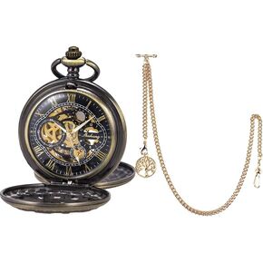 SIBOSUN Pocket Watch Albert Chain T Bar & Lobster Clasps Watch Chain Vest Chain for Men + SIBOSUN Pocket Watch Skeleton Mechanical Double Case Hand-Wind Bronze