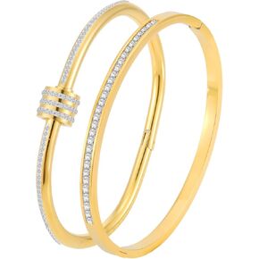 18K Gold Plated Stainless Steel Cuff Bracelet & Love Friendship Screw Bangle Bracelet Set for Women with Gift Box