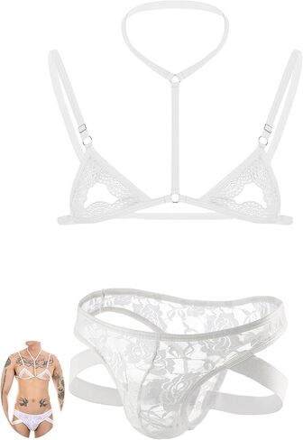 Men's Sissy Lace Lingerie Set with Sheer Bra Top & Panty Underwear Set 2-Piece Nightwear S-XL in Kuwait