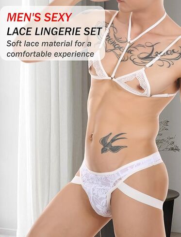 Men's Sissy Lace Lingerie Set with Sheer Bra Top & Panty Underwear Set 2-Piece Nightwear S-XL in Kuwait