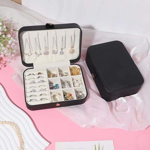 Travel Jewelry Box, PU Leather Personalized Jewelry Box Portable Jewelry Organizer Small Travel Case Display Storage Holder Boxes for Girls Women Earring, Necklace, Rings (Black) in Saudi Arabia