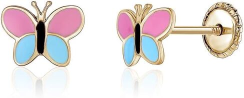 14k Yellow Gold Butterfly Screwback Earrings Girls or Babies with Colorful Enamel in Saudi Arabia