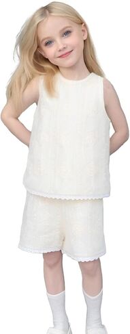 Little Bitty Girl's 2 Pieces Floral Embroidery Button Back Tank Tops & Contrast Lace Shorts Casual Elegant Summer Sets 2-7T in Saudi Arabia