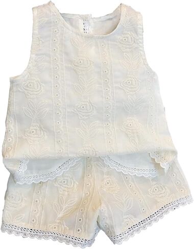 Little Bitty Girl's 2 Pieces Floral Embroidery Button Back Tank Tops & Contrast Lace Shorts Casual Elegant Summer Sets 2-7T in Saudi Arabia