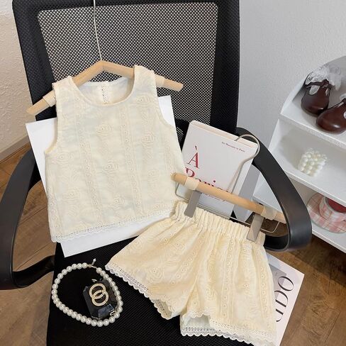 Little Bitty Girl's 2 Pieces Floral Embroidery Button Back Tank Tops & Contrast Lace Shorts Casual Elegant Summer Sets 2-7T in Saudi Arabia