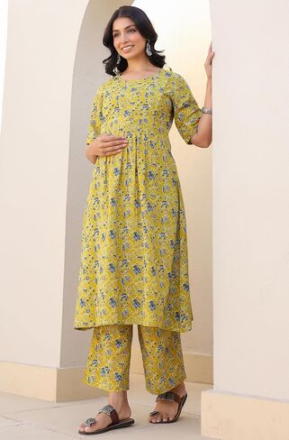 Janasya Indian Women's Paternity Ordor for Women Cotton Pure Cotton A-line Lime Lime Lime Disual Lend in Saudi Arabia