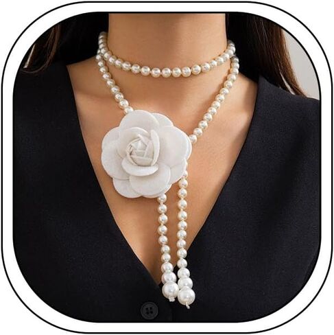 Vintage Camellia Flower Necklace Long Faux Pearl Beaded Chain Flower Pendant Layered Chain Camellia Flower Sweater Chain Party Prom Jewelry in Saudi Arabia