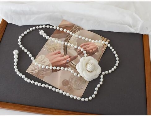 Vintage Camellia Flower Necklace Long Faux Pearl Beaded Chain Flower Pendant Layered Chain Camellia Flower Sweater Chain Party Prom Jewelry in Saudi Arabia