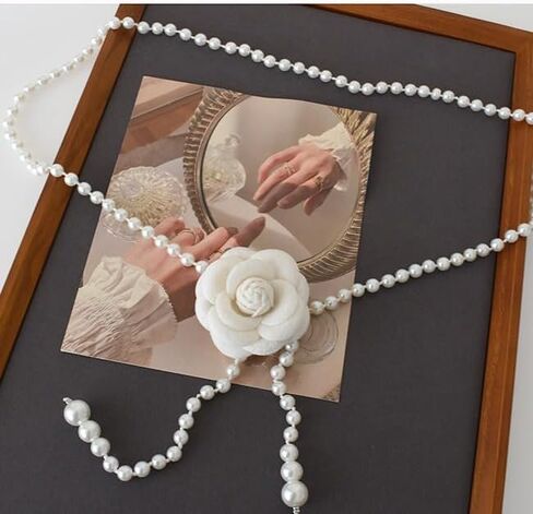 Vintage Camellia Flower Necklace Long Faux Pearl Beaded Chain Flower Pendant Layered Chain Camellia Flower Sweater Chain Party Prom Jewelry in Saudi Arabia