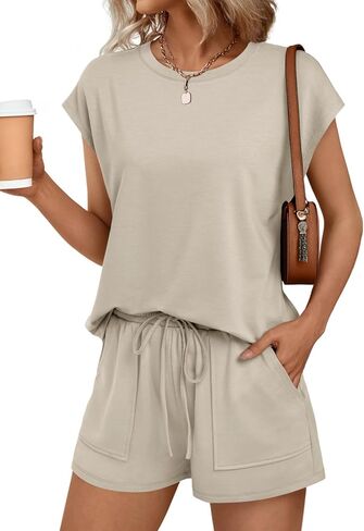 AUTOMET Womens Crew Neck Two Piece short Sets Cap Sleeve Drawstring Summer Sweatsuit with Pocket in Saudi Arabia