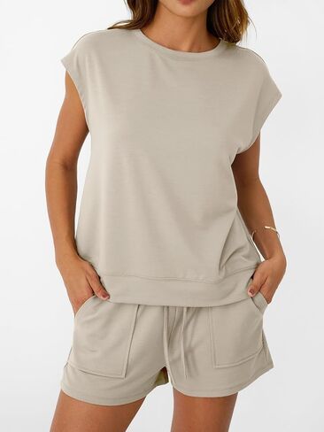 AUTOMET Womens Crew Neck Two Piece short Sets Cap Sleeve Drawstring Summer Sweatsuit with Pocket in Saudi Arabia