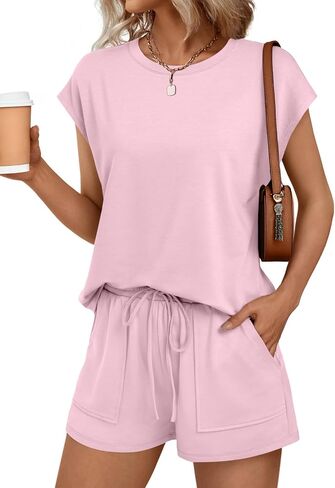 AUTOMET Womens Crew Neck Two Piece short Sets Cap Sleeve Drawstring Summer Sweatsuit with Pocket in Saudi Arabia