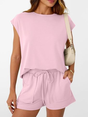 AUTOMET Womens Crew Neck Two Piece short Sets Cap Sleeve Drawstring Summer Sweatsuit with Pocket in Saudi Arabia