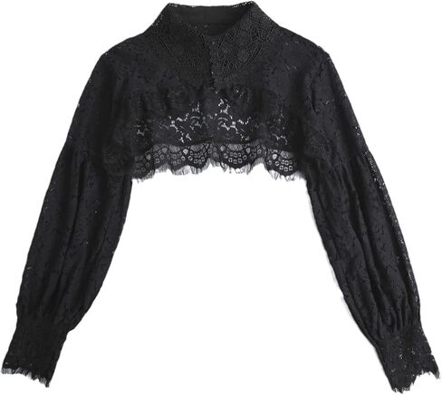 Mrotrida Women's Detachable Shirt Fake Collar Puff Long Sleeve Fake Collar Tops Hollow Out Eyelash Floral Lace Collar in Kuwait