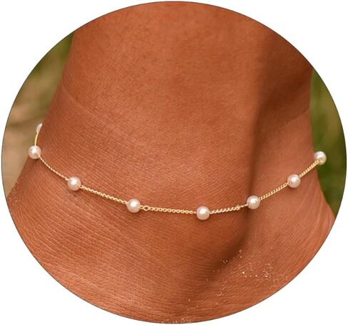 MOLEVY Ankle Bracelets for Women 14K Gold Plated Anklet Silver Anklets Waterproof Evil Eye Beaded Pearl Tennis Crystal Heart Cuba Link Chain Anklets Dainty Jewelry Gift for Her in Saudi Arabia
