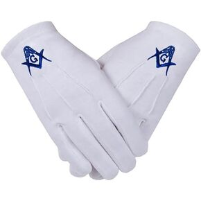 blue square & compass machine embroidered masonic 100% cotton gloves - white one size pair
