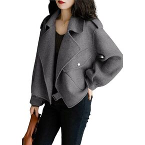 utcoco Women Cropped Wool Coats Notched Lapel Pea Coat Open Front Trench Overcoat Jackets with Pockets
