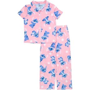 Disney Girls' 2-Piece Loose-fit Button Down Pajama Set, Soft & Cute for Kids