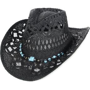 Gemvie Turquoise Straw Cowboy Hat للرجال نساء الصيف غرب رعاة البقر القبعة المنسوجة جوفاء قبعة واسعة الحافة