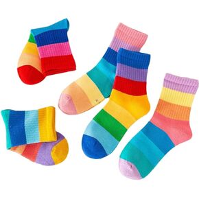 Kids Socks Ribbed Cuffs Mid-Calf Rainbow Colorful Stripes Fashion Girls Crew Socks 5 Pairs