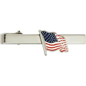 PinMart's Patriotic Waving American Flag Tie Clip Tie Bar - Silver or Gold - Engravable or Non-engravable