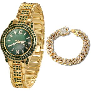 Halukakah Green/Blue/Red Diamonds Watch Iced Out for Boy Teens Kids - 18K Gold/Platinum Plated ، Dial Round ، Quartz اليابانية - 7.7 بوصة - اختياري مع سلسلة الرابط الكوبي - لعيد الميلاد ، والأطراف