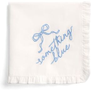 xo, Fetti Something Blue Embroidered Handkerchief | 10"x10" | White Wedding Accessory, Bridesmaid Gift, Bridal Tissue, Bow Napkin, Ruffled Kleenex