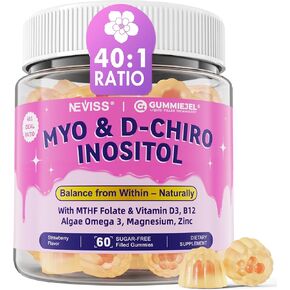 Gummies الخالية من السكر-ملحق Myo-inositol & D-Chiro inositol 2000mg + 50mg بالإضافة إلى ميثيلفولات ، فيتامين D3 ، B12 ، الطحالب أوميغا 3 ، موازن هرمون دعم المغنيسيوم والزنك للمرأة ، 40: 1 نسبة
