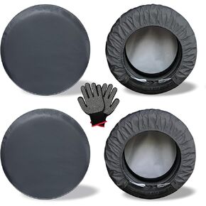 Heavy Duty Rv Tire Covers Set of 4, Tough Waterproof Wheel Covers for Boat Trailer Camper Truck Motorhome Van SUV Jeep Car, Sun Rain Wheel Protecter, 27-29 Inch Tire Diameter, Gloves