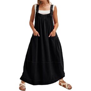 Hooever Barrel Overall Dress for Women Loose Adjutable Strap Big Pockets Jumper Dress Midi Bib Overall