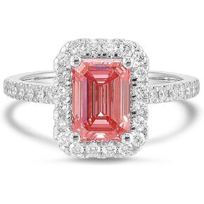 IGI Certified 2 1/2 Carat Emerald Cut Lab Grown Diamond Pink Halo Ring for Women I 14k White Gold Ring for Her Side Stones (G-H, VS1-VS2, 2.5 cttw) Anniversary Promise Ring Size 6 to 8