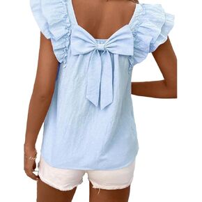 Chvity Women Textured Butterfly Sleeve Blouse Casual Loose Fit Bow Short Sleeve Tops Going Out Office Work Shirts